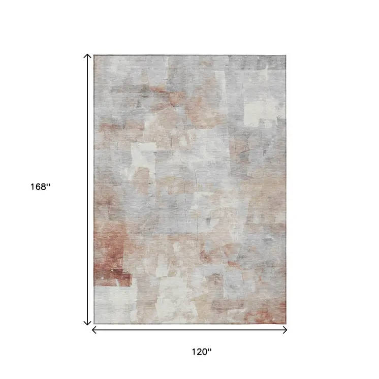 10' X 14' Rust Gray And Silver Abstract Washable Indoor Outdoor Area Rug