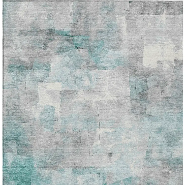 5' X 8' Teal Blue Gray And Silver Abstract Washable Indoor Outdoor Area Rug