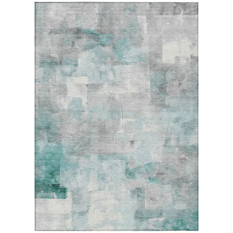 5' X 8' Teal Blue Gray And Silver Abstract Washable Indoor Outdoor Area Rug