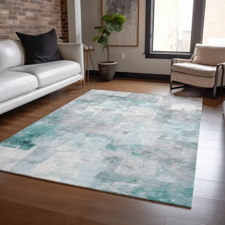 5' X 8' Teal Blue Gray And Silver Abstract Washable Indoor Outdoor Area Rug