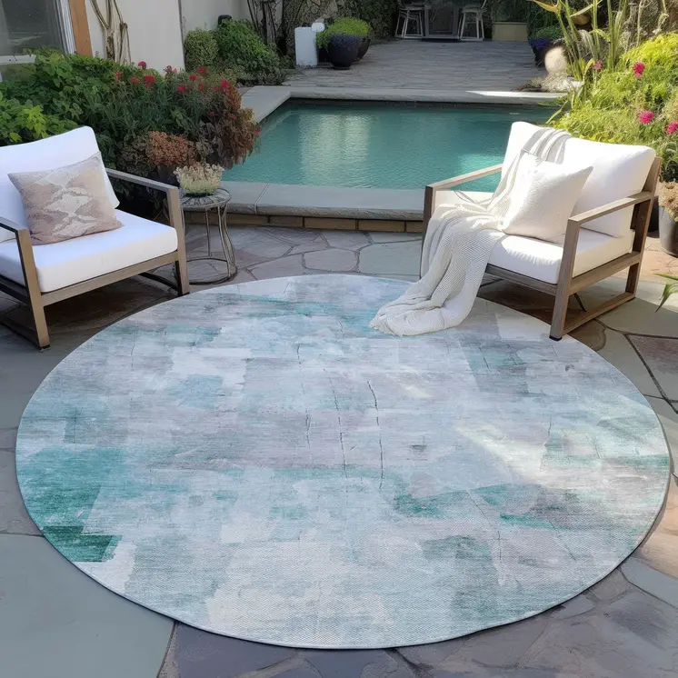 8' Teal Blue Gray And Silver Round Abstract Washable Indoor Outdoor Area Rug