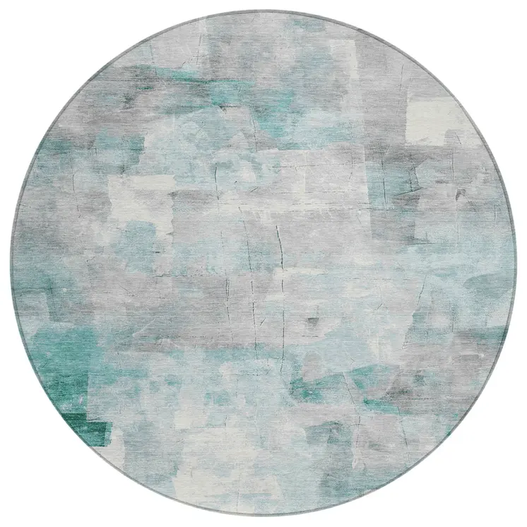 8' Teal Blue Gray And Silver Round Abstract Washable Indoor Outdoor Area Rug