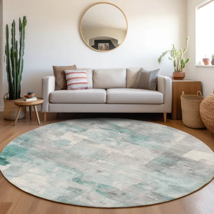 8' Teal Blue Gray And Silver Round Abstract Washable Indoor Outdoor Area Rug