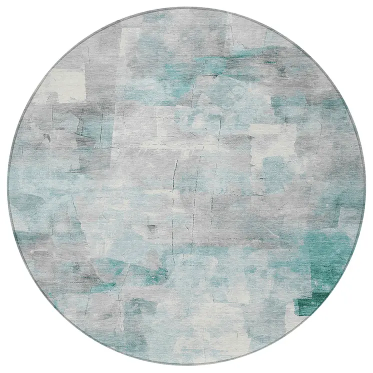 8' Teal Blue Gray And Silver Round Abstract Washable Indoor Outdoor Area Rug