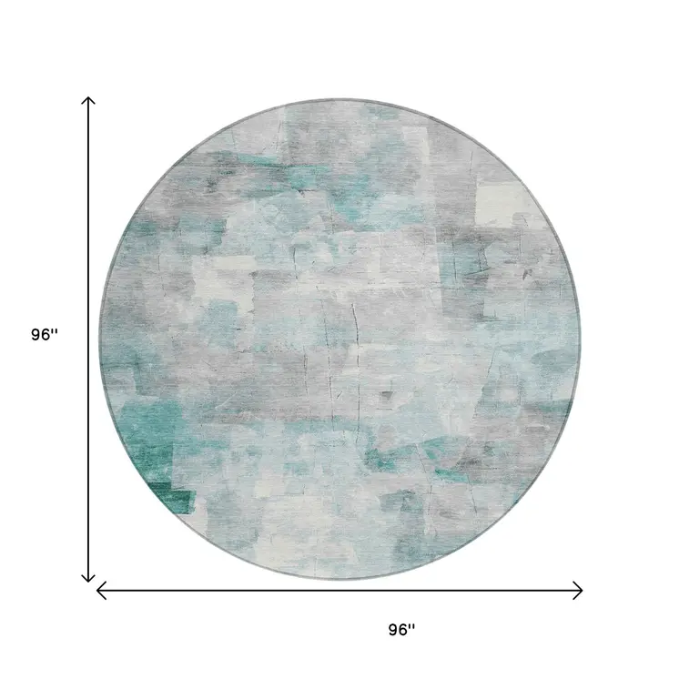 8' Teal Blue Gray And Silver Round Abstract Washable Indoor Outdoor Area Rug