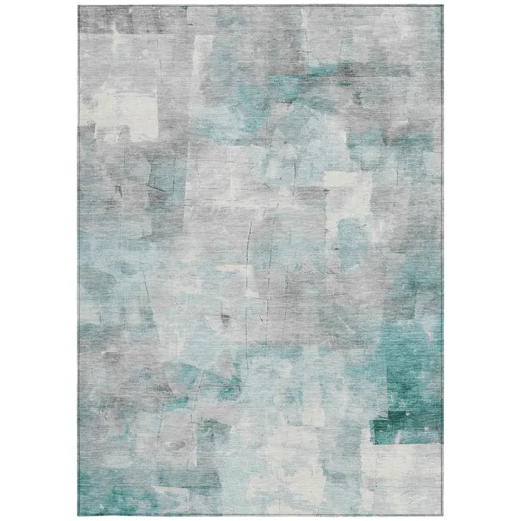 9' X 12' Teal Blue Gray And Silver Abstract Washable Indoor Outdoor Area Rug