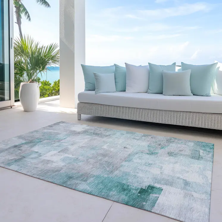 9' X 12' Teal Blue Gray And Silver Abstract Washable Indoor Outdoor Area Rug