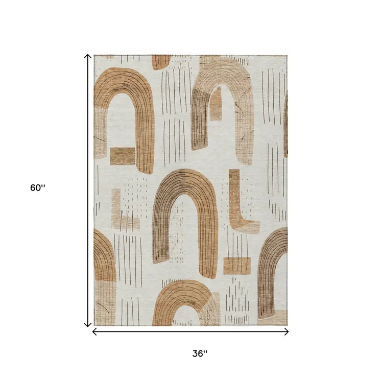 3' X 5' Ivory Khaki And Beige Geometric Washable Indoor Outdoor Area Rug