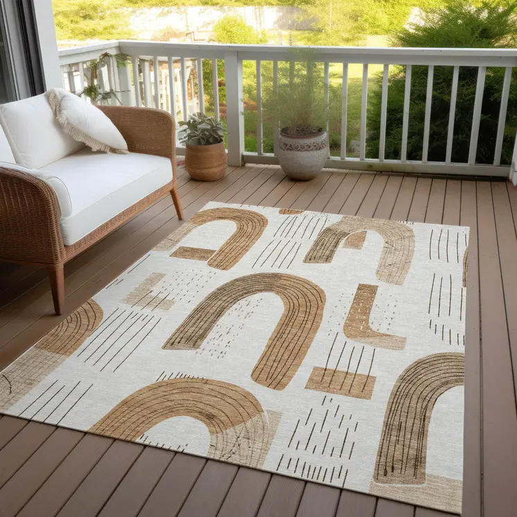 3' X 5' Ivory Khaki And Beige Geometric Washable Indoor Outdoor Area Rug