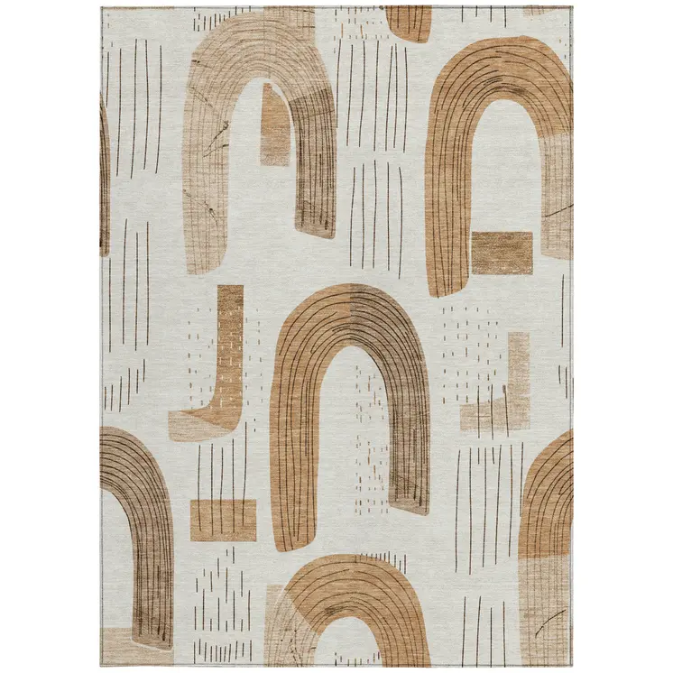 5' X 8' Ivory Khaki And Beige Geometric Washable Indoor Outdoor Area Rug