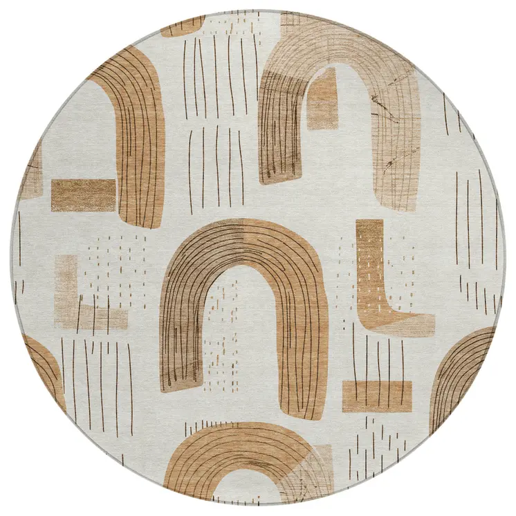8' Ivory Khaki And Beige Round Geometric Washable Indoor Outdoor Area Rug