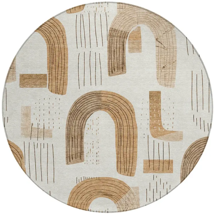 8' Ivory Khaki And Beige Round Geometric Washable Indoor Outdoor Area Rug