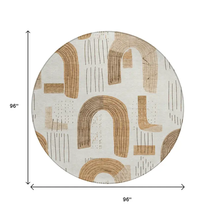 8' Ivory Khaki And Beige Round Geometric Washable Indoor Outdoor Area Rug