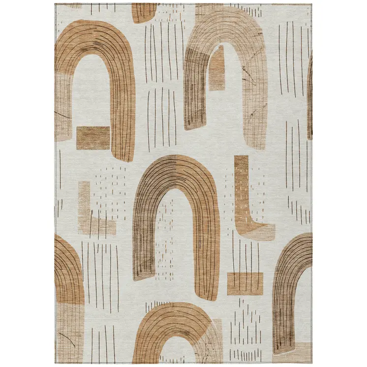 9' X 12' Ivory Khaki And Beige Geometric Washable Indoor Outdoor Area Rug