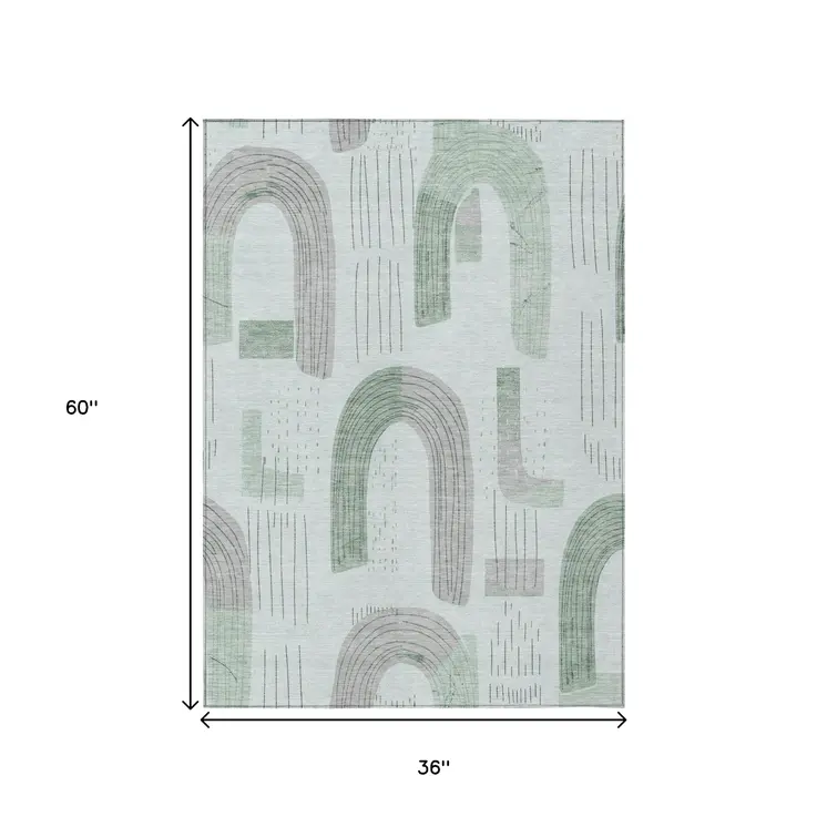3' X 5' Mint Green And Gray Geometric Washable Indoor Outdoor Area Rug