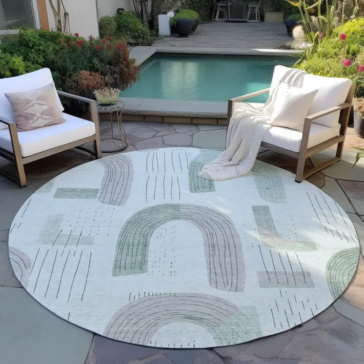 8' Mint Green And Gray Round Geometric Washable Indoor Outdoor Area Rug