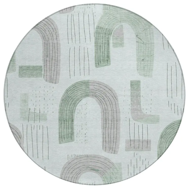 8' Mint Green And Gray Round Geometric Washable Indoor Outdoor Area Rug