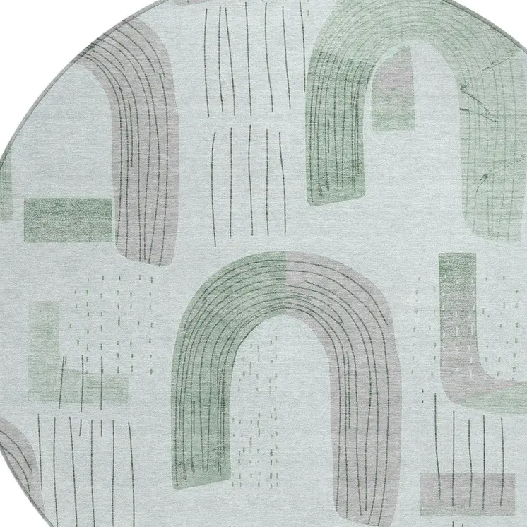 8' Mint Green And Gray Round Geometric Washable Indoor Outdoor Area Rug