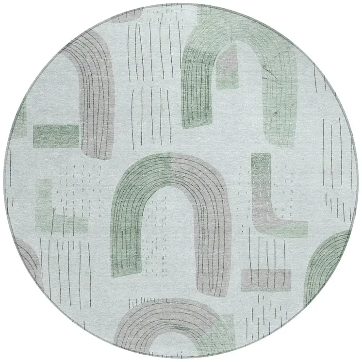 8' Mint Green And Gray Round Geometric Washable Indoor Outdoor Area Rug