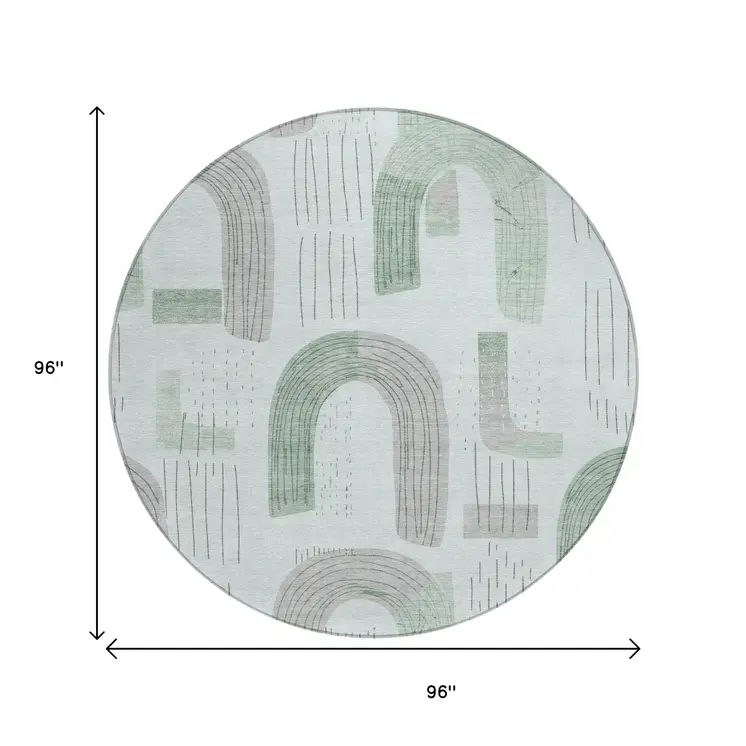 8' Mint Green And Gray Round Geometric Washable Indoor Outdoor Area Rug