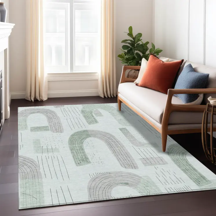 8' X 10' Mint Green And Gray Geometric Washable Indoor Outdoor Area Rug