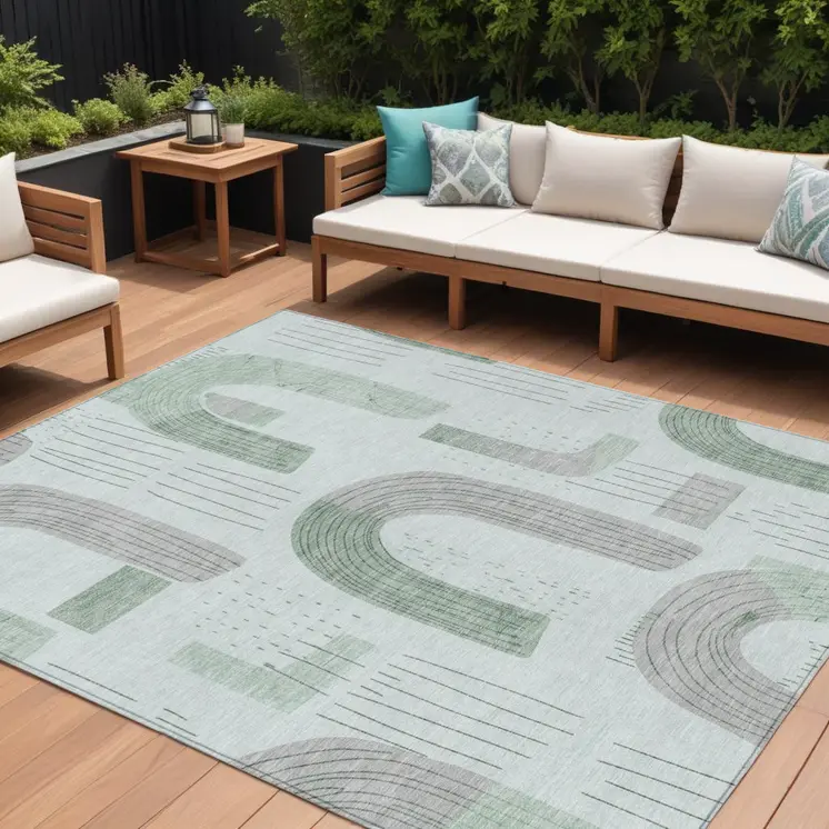 10' X 14' Mint Green And Gray Geometric Washable Indoor Outdoor Area Rug