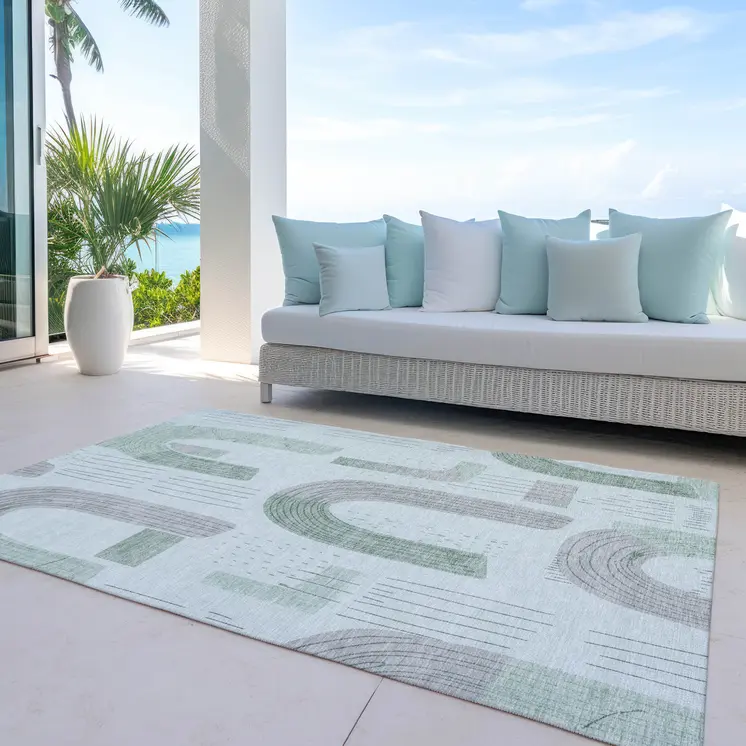 10' X 14' Mint Green And Gray Geometric Washable Indoor Outdoor Area Rug