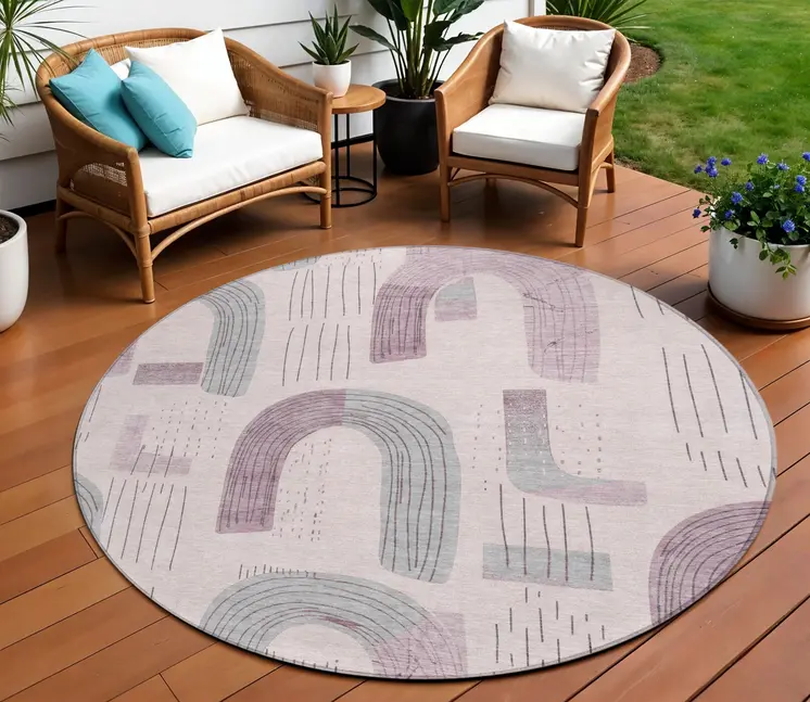 8' Pink And Gray Round Geometric Washable Indoor Outdoor Area Rug
