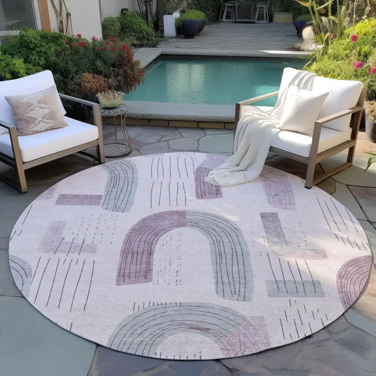8' Pink And Gray Round Geometric Washable Indoor Outdoor Area Rug