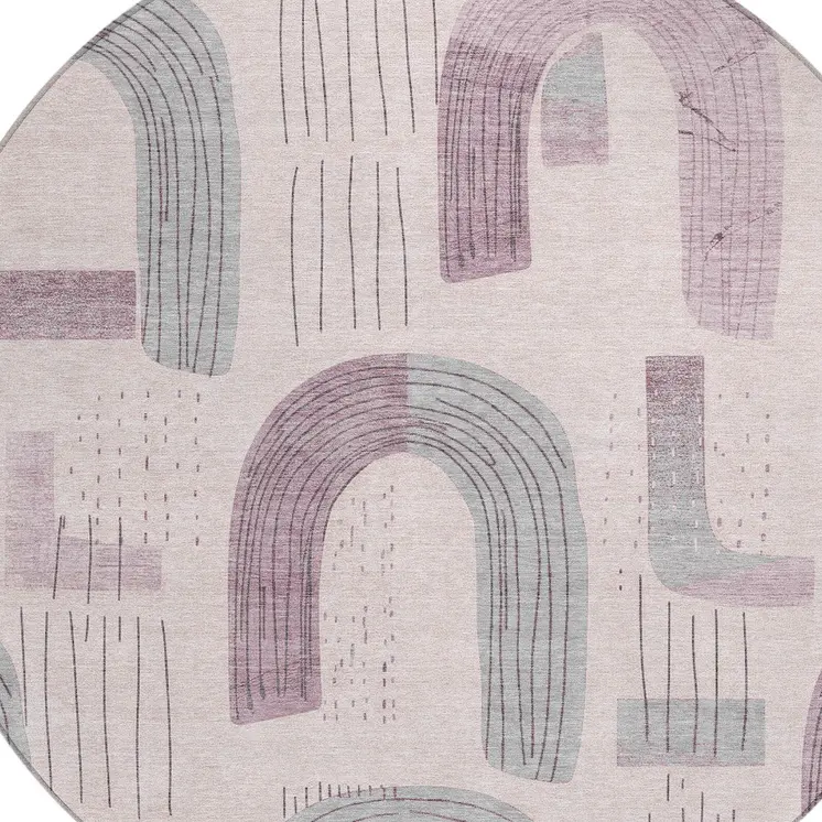 8' Pink And Gray Round Geometric Washable Indoor Outdoor Area Rug