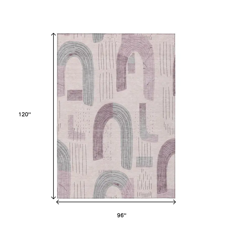 8' X 10' Pink And Gray Geometric Washable Indoor Outdoor Area Rug