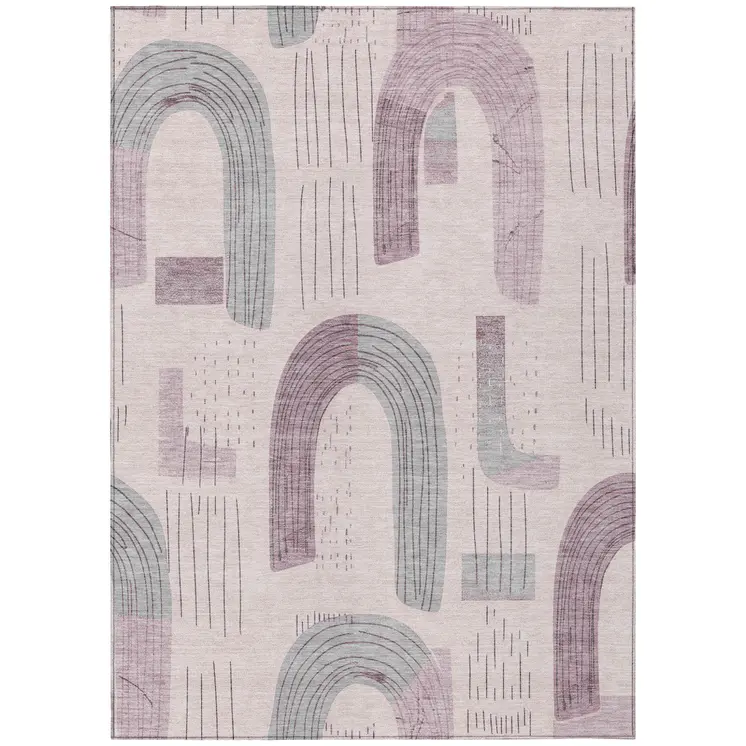 8' X 10' Pink And Gray Geometric Washable Indoor Outdoor Area Rug