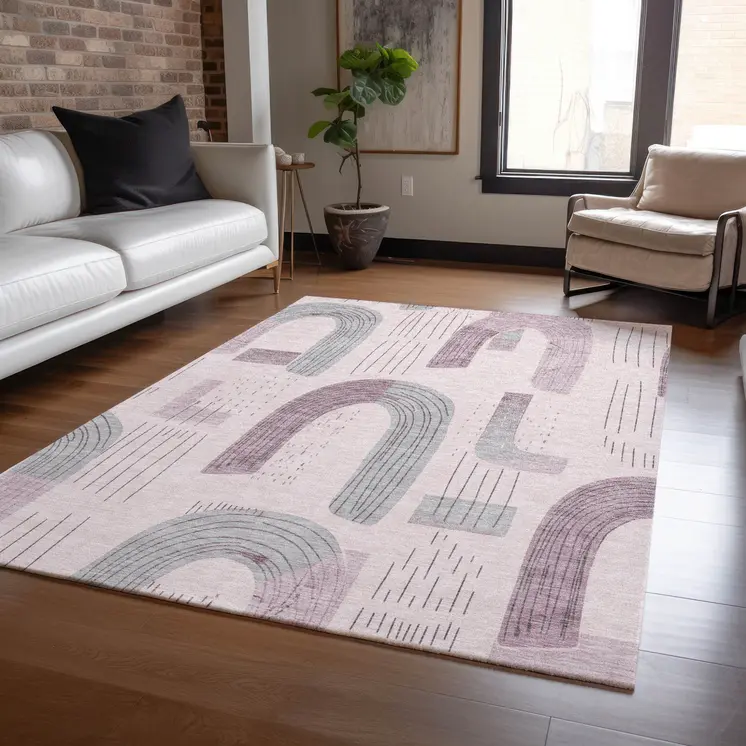 8' X 10' Pink And Gray Geometric Washable Indoor Outdoor Area Rug