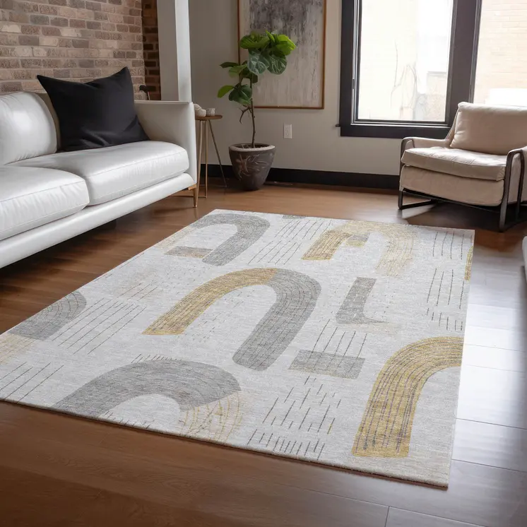 5' X 8' Silver And Gold Geometric Washable Indoor Outdoor Area Rug