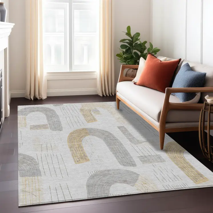 5' X 8' Silver And Gold Geometric Washable Indoor Outdoor Area Rug