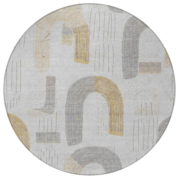 8' Silver And Gold Round Geometric Washable Indoor Outdoor Area Rug