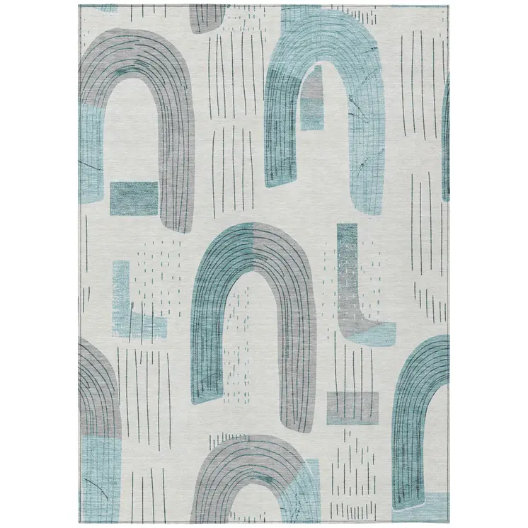 3' X 5' Teal Blue And Gray Geometric Washable Indoor Outdoor Area Rug