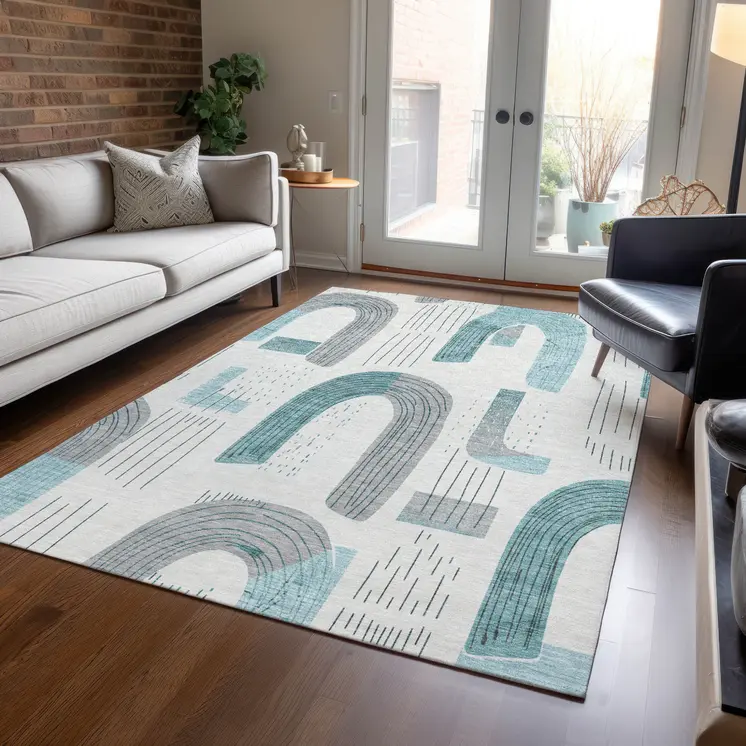 5' X 8' Teal Blue And Gray Geometric Washable Indoor Outdoor Area Rug
