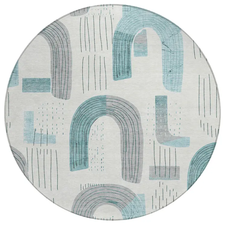8' Teal Blue And Gray Round Geometric Washable Indoor Outdoor Area Rug