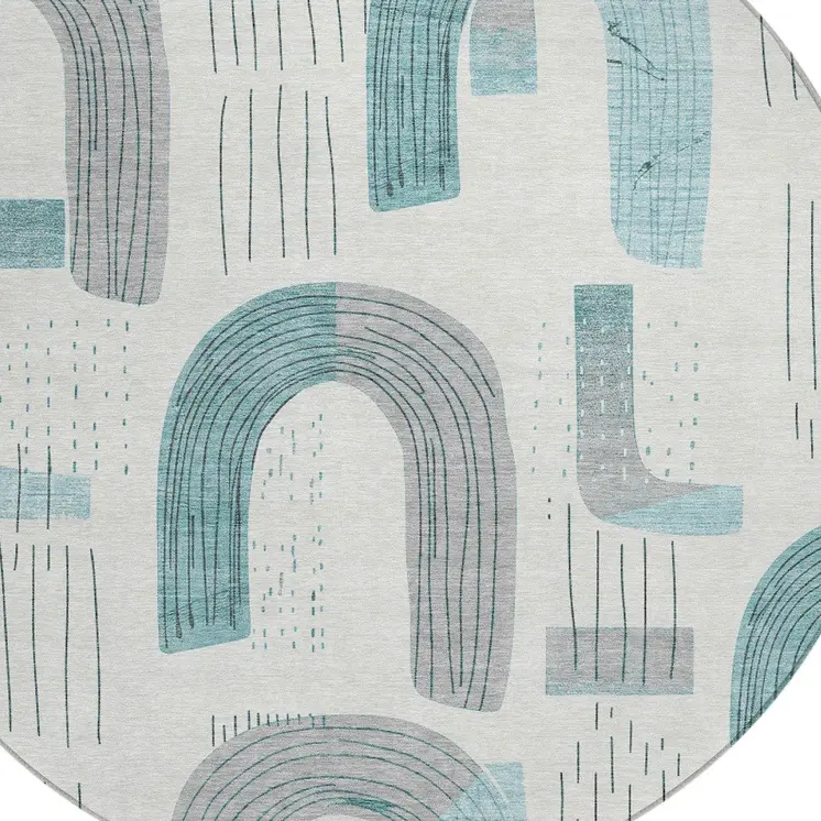 8' Teal Blue And Gray Round Geometric Washable Indoor Outdoor Area Rug