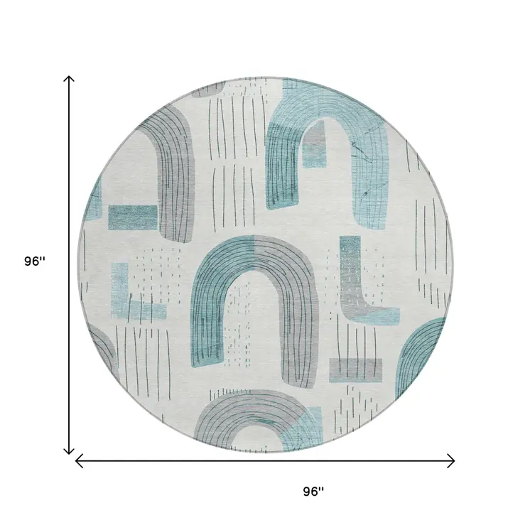8' Teal Blue And Gray Round Geometric Washable Indoor Outdoor Area Rug