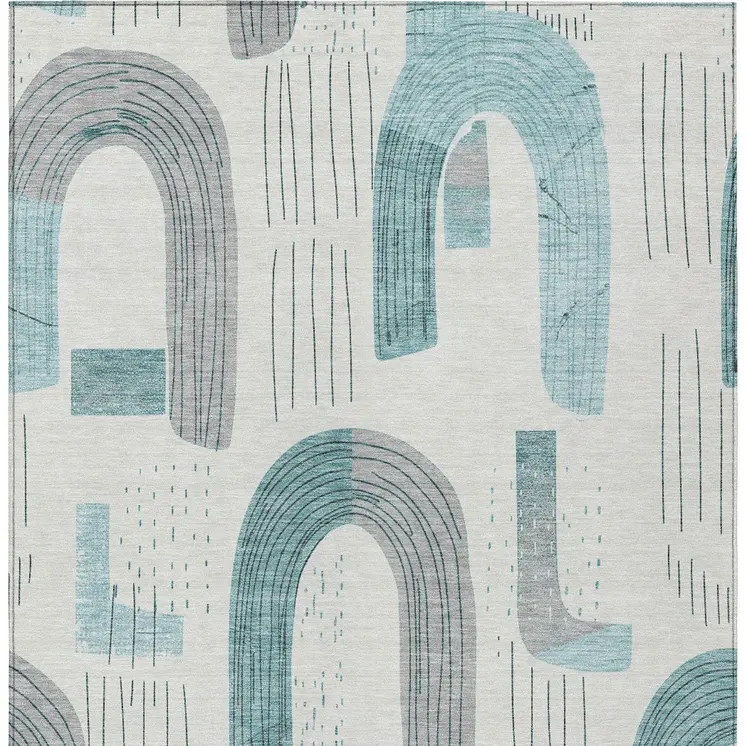 8' X 10' Teal Blue And Gray Geometric Washable Indoor Outdoor Area Rug