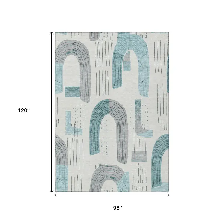 8' X 10' Teal Blue And Gray Geometric Washable Indoor Outdoor Area Rug