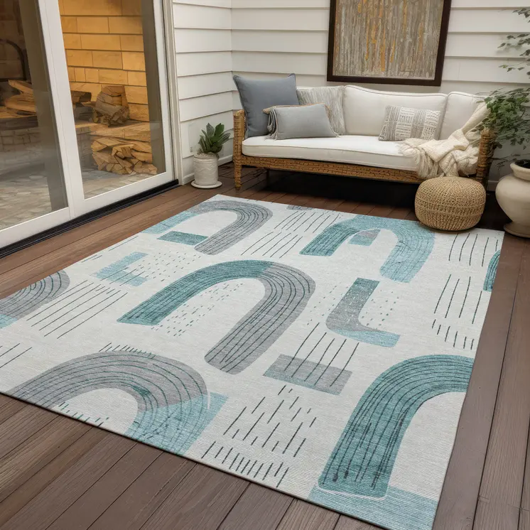 9' X 12' Teal Blue And Gray Geometric Washable Indoor Outdoor Area Rug