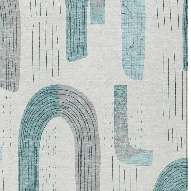 10' X 14' Teal Blue And Gray Geometric Washable Indoor Outdoor Area Rug