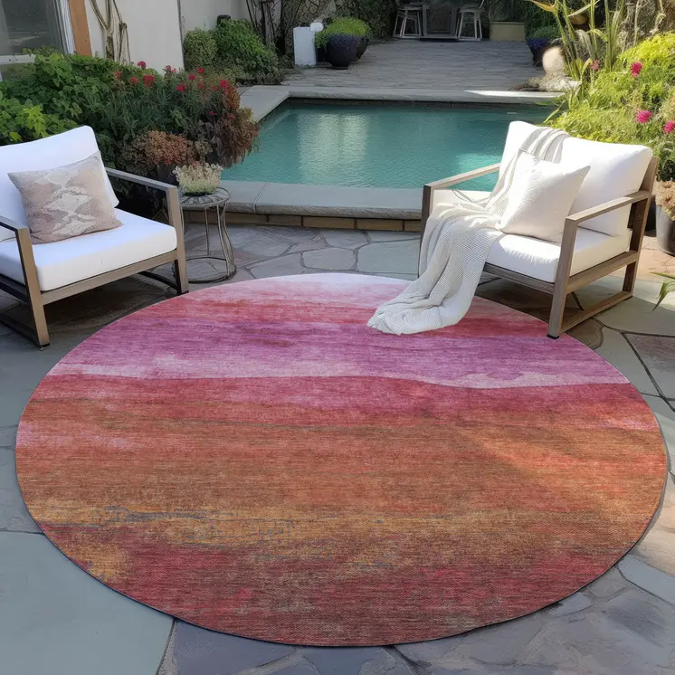 8' Blush Mauve And Rust Round Abstract Washable Indoor Outdoor Area Rug