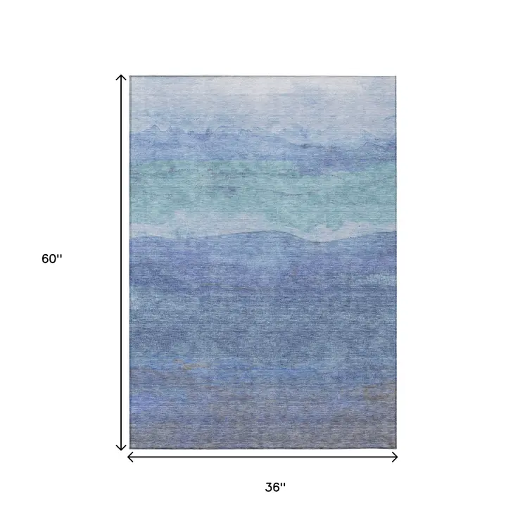 3' X 5' Blue Teal Blue And Sky Blue Abstract Washable Indoor Outdoor Area Rug
