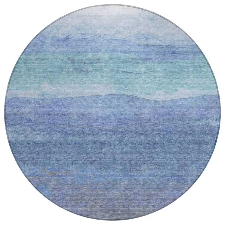 8' Blue Teal Blue And Sky Blue Round Abstract Washable Indoor Outdoor Area Rug