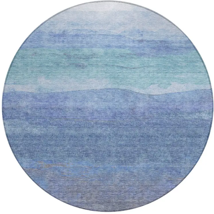 8' Blue Teal Blue And Sky Blue Round Abstract Washable Indoor Outdoor Area Rug