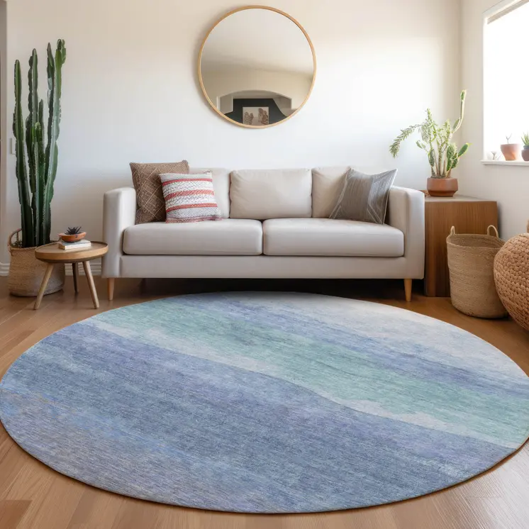 8' Blue Teal Blue And Sky Blue Round Abstract Washable Indoor Outdoor Area Rug
